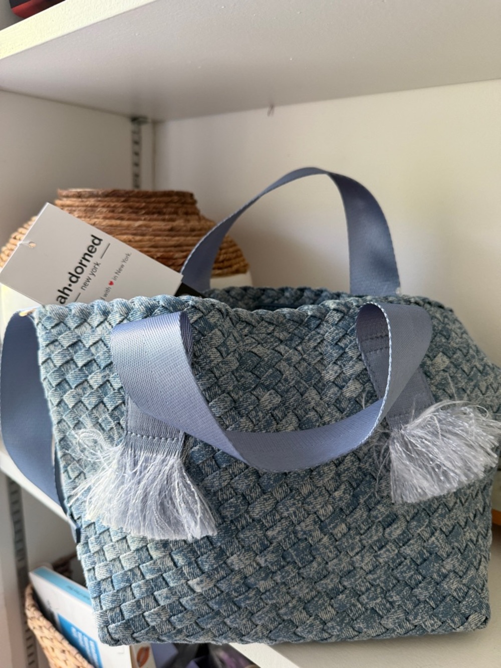 ahdorned Light Blue Woven Tote with Ribbon Handles and Tassels